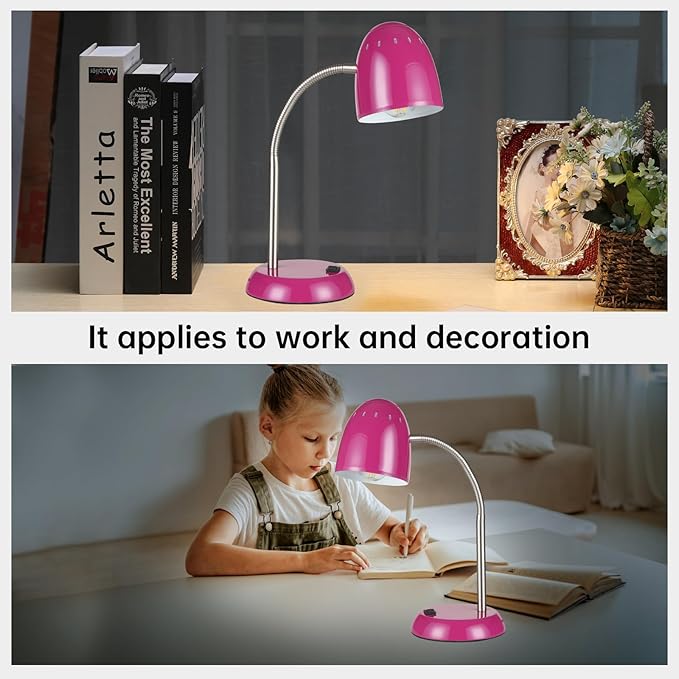 Eye-Caring Table Lamp of Simple Designs Home E26 Led Screw Basic Metal Desk Lamp with Flexible Gooseneck Hose Neck Study Lamp for Bedroom Office Living Room Convenient On/Off Switch (Purple)
