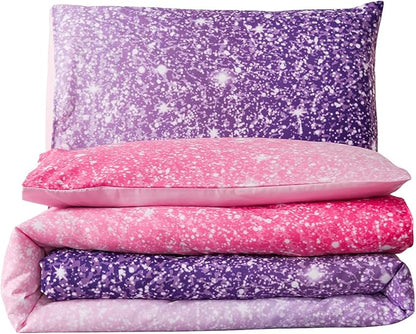 Holawakaka Kids Space Star Glitter Comforter Set Ombre Red & Purple Print Gradient Bedding Set Full Size (Red purple, Full)