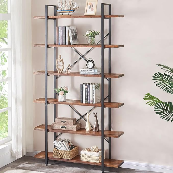 HSH Solid Wood Bookshelf, 6 Tier Tall Industrial Etagere Bookcase and Storage Shelves Heavy Duty, Rustic Large Open Vertical Metal Natural Real Wood Book Shelf for Bedroom Living Room Distressed Brown