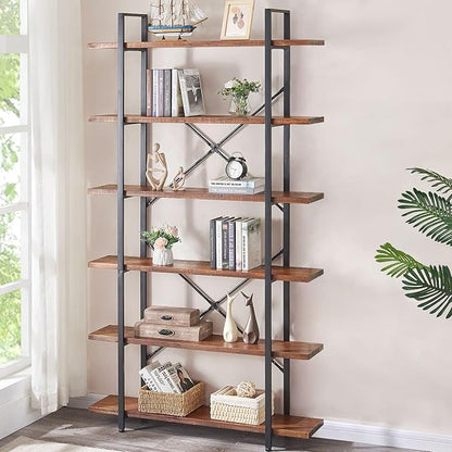 HSH Solid Wood Bookshelf, 6 Tier Tall Industrial Etagere Bookcase and Storage Shelves Heavy Duty, Rustic Large Open Vertical Metal Natural Real Wood Book Shelf for Bedroom Living Room Distressed Brown