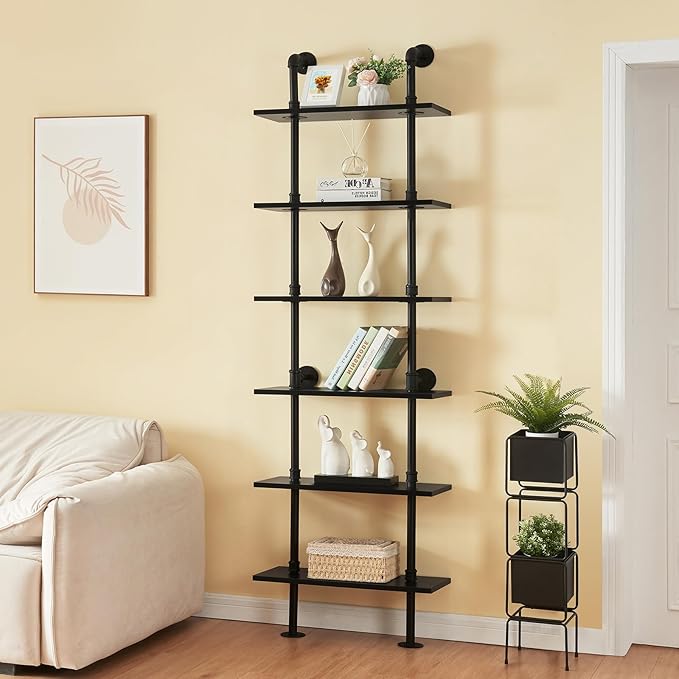HOMBAZAAR Industrial Bookshelf, 6-Tier Industrial Pipe Bookshelf, Wall Mounted Ladder Shelf with Metal Frame for Home Office, Living Room, Black