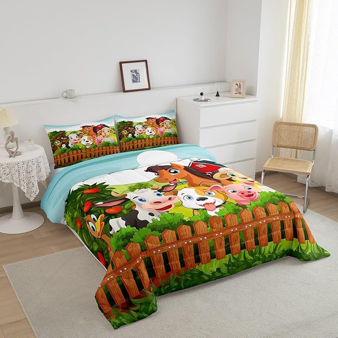 Kids Cartoon Comforter Set Toddler Cute Farm Animals Comforter Cattle Sheep Pigs Dogs Horses Bedding Set for Boys Girls Children Farmhouse Duvet Set Ultra Soft Room Decor Full Size Colorful Quilt Set