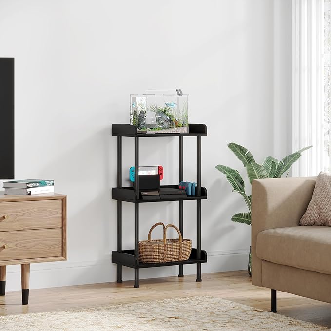 Bookshelf Small Book Shelf - 3-Tier Wood Bookcase Industrial Bookshelf with Edge Protection Metal Standing Book Shelves Display Book Rack for Living Room Bedroom Home Office (Black)
