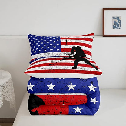 Erosebridal American Flag Comforter Set Twin, Hockey Bedding Set United States Sports Games Down Comforter for Kids Boys Teens Bedroom, Red White Geometric Stripes Duvet Sets with 1 Pillowcase