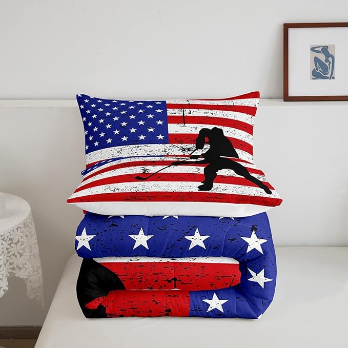 Erosebridal American Flag Comforter Set King, Hockey Bedding Set United States Sports Games Down Comforter for Kids Boys Teens Bedroom, Red White Geometric Stripes Duvet Sets with 2 Pillowcases