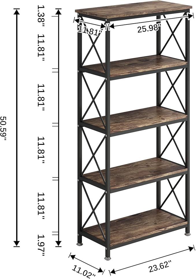 4NM Bookshelf 5 Tier Industrial Bookcase Home Office Adjustable Bookshelves Storage Shelves Organizer Vintage Book Shelf Display Rack for Living Room, Bedroom,Home (Rustic Brown and Black)