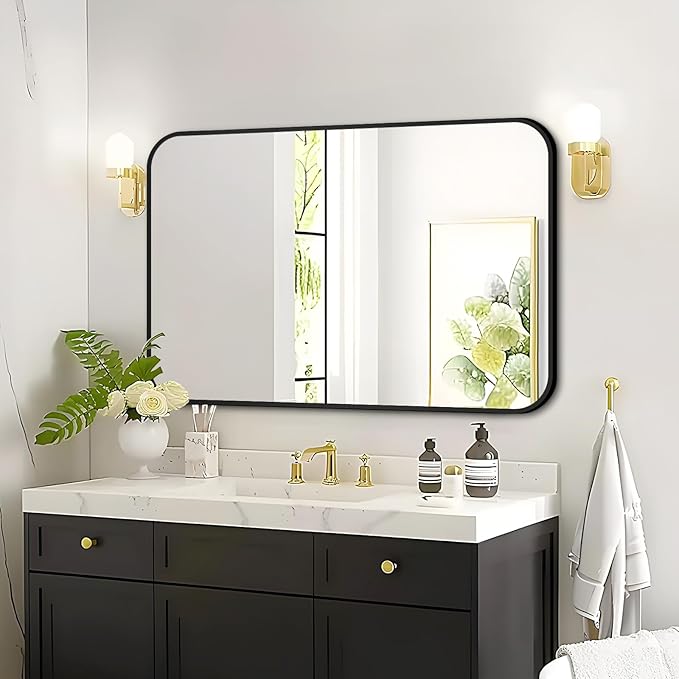Fabuday Big Black Bathroom Mirror for Over Sink Wall - 26x38 Rounded Rectangle Mirror with Matte Metal Frame, Large Rectangular Vanity Mirrors for Bedroom, Entryway, Horizontally/Vertically