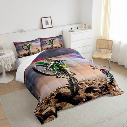 Dirt Bike Comforter Set for Boys Bedroom Motocross Rider Extreme Sports Duvet Insert Mountain Bike Bedding Quilted Set Kids Motorcycle Motorbike Down Comforter,Soft Lightweight for All Season,Full