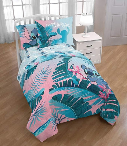 Jay Franco Disney Lilo & Stitch Floral Fun Full/Queen Comforter & Sham Set - Super Soft Kids Reversible Bedding - Fade Resistant Microfiber (Official Disney Product)