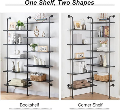 HOMBAZAAR Bookshelf,10-Tier L Shaped, Industrial Double Wide Wall Mount, Modern Bookcase with Metal Frame and Wood, Industrial Corner Pipe Shelf for Living Room and Office, Black