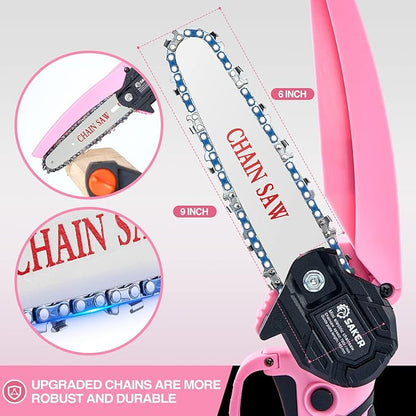 Saker Mini Electric Chainsaw,6 Inch, Handheld Portable Chain Saw Pruning Shears Chainsaw Cordless for Tree Branches,Household and Garden(SAKER MINI CHAINSAW PINK + 2 BATTERIES + 3 CHAINS)