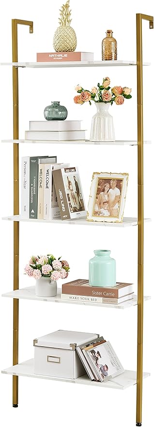 Tajsoon 5-Tier Ladder Shelf, Large Wall Mount Bookshelf with Metal Frame, Open Display Shelves for Living Room, Bedroom, Home, Plant Flower, White & Gold