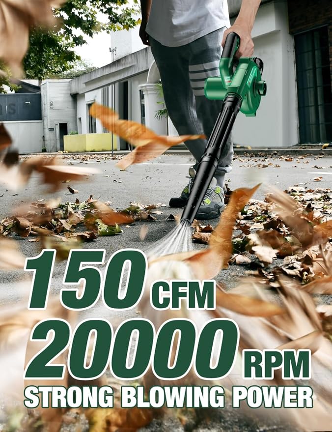 K I M O. Cordless Leaf Blower Vacuum Combo 4 IN 1, 3 Nozzles for Inflation & Compression,3 Modes & Variable Speed, 20000RPM 150MPH, 2X2.0Ah Battery, Extended Tube, Mini Leaf Blowers for Lawn Care|Yard