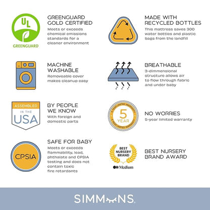 Simmons Kids Foundry 6-in-1 Convertible Baby Crib, Rustic Mist with Matte Black + Quiet Nights Breathable Crib Mattress with Removable/Machine Washable Cover (Bundle)