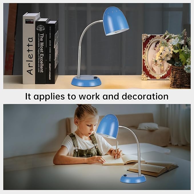 Eye-Caring Table Lamp of Simple Designs Home E26 Led Screw Basic Metal Desk Lamp with Flexible Gooseneck Hose Neck Study Lamp for Bedroom Office Living Room Convenient On/Off Switch (Light Blue)