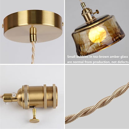 Sedelan Galss Pendant Light, Vintage Pendant Lights Kitchen Island Adjustable Tea Color-Amber Hanging Light Fixture for Living Room Dining Room Bedroom E26