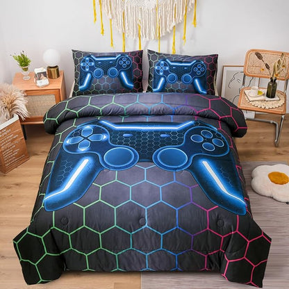 NTBED Game Console Comforter Set for Boys Girls Kids 3D Gaming Geometric Lightweight Microfiber Bedding Sets (Multi, Full)