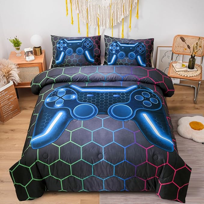 NTBED Game Console Comforter Set for Boys Girls Kids 3D Gaming Geometric Lightweight Microfiber Bedding Sets (Multi, Queen)