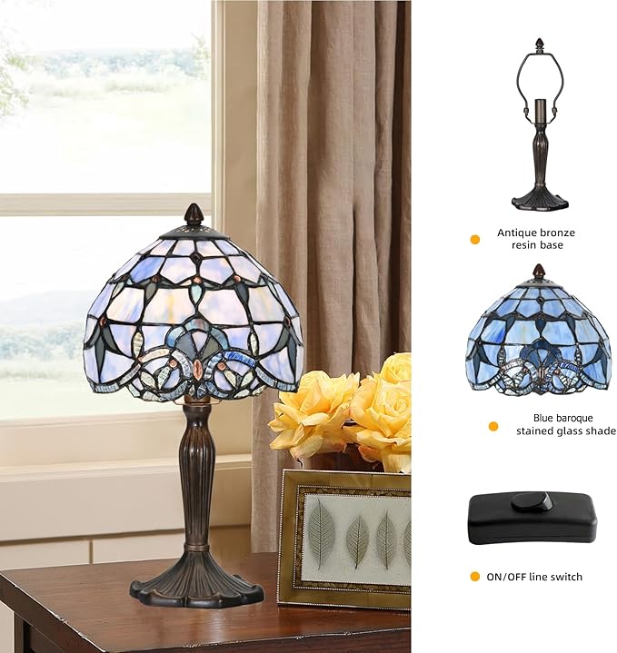 Tiffany Lamp Baroque Design Stained Glass Table Lamp for Living Room Bedroom Bedside Nightstand Home Office (Blue baroque)