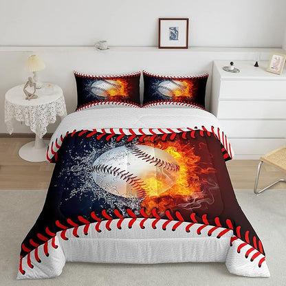 Erosebridal Baseball Comforter Set Kids Baseball Full Bedding Set for Teen Boys Sports Games Bedding Comforter Sets Red Blue Water Fire Quilted Duvet Sport Theme Bedroom Dorm Decor 2 Pillowcases