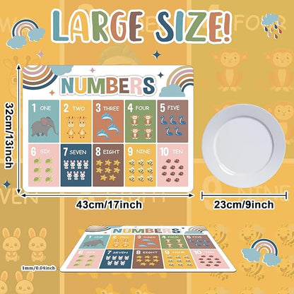 Educational Preschool Kids Placemats Set of 6 Boho Plastic Table Mats Toddler Children Montessori Place Mats for Kids Washable Holiday Desk Decoration for Indoor Outdoor Party Kitchen Dining Table