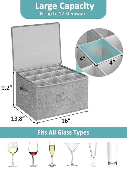 Cirhy Wine Glass Storage Box Hard Shell, Stemware Storage Containers for Moving, Holds 24 Crystal Glasses & Flutes, Stackable Glassware Chest with Dividers, Grey (2-Pack)