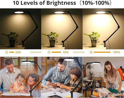 Desk Lamp with Clamp, Long Clip on Lights for Home Office, 3 Modes x 10 Brightness, Swing Arm Desk Clamp Task Table Lamps with Adapter, Black