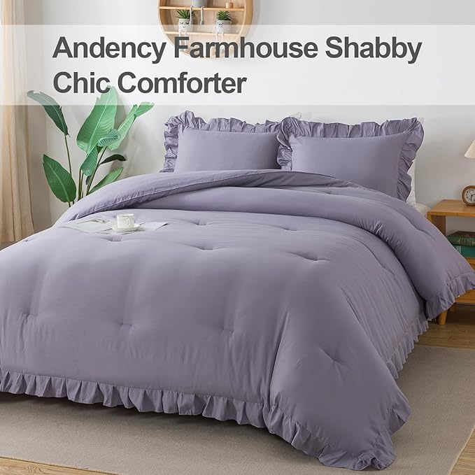 Andency Purple Twin Size Comforter(66x90Inch), 2 Pieces(1 Ruffle Comforter and 1 Pillowcase) Solid Farmhouse Shabby Chic Comforter, Lighteweight and Soft Microfiber Bedding Set
