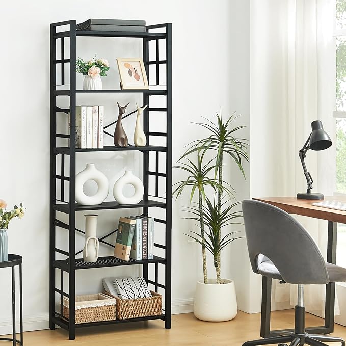 HOMBAZAAR Bookshelf,6 Tier Tall Bookshelf with Metal Frame,Open Bookshelves and Bookcases,Industrial Book Shelf for Living Room,Home Office and Bedroom,Black