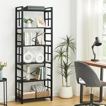 HOMBAZAAR Bookshelf,6 Tier Tall Bookshelf with Metal Frame,Open Bookshelves and Bookcases,Industrial Book Shelf for Living Room,Home Office and Bedroom,Black
