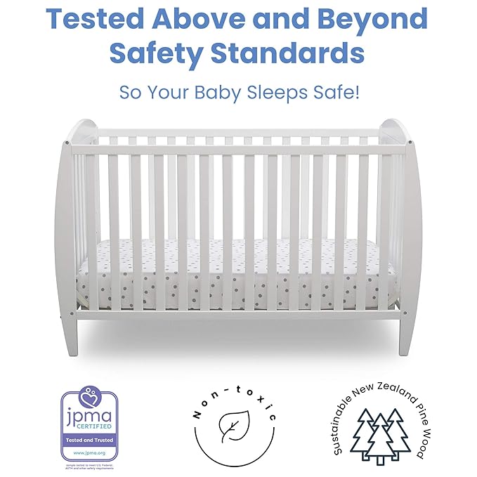 Delta Children Taylor 4-in-1 Convertible Baby Crib, Easy to Assemble, Sustainable New Zealand Wood, JPMA Certified, White