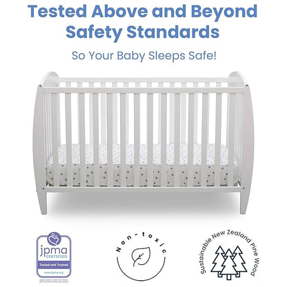 Delta Children Twinkle 4-in-1 Convertible Baby Crib, Sustainable New Zealand Wood, White and Delta Children Twinkle Galaxy Dual Sided Recycled Fiber Core Crib and Toddler Mattress (Bundle)