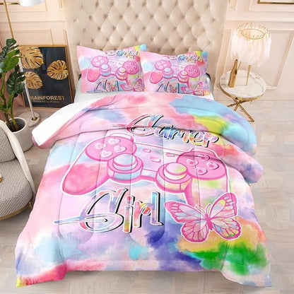 Gamer Bedding Sets for Girl Gaming Comforter Sets King Size Rainbow Tie Dye Bedroom Decor Teens Boy Kids Gamepad Bed Set Modern Game Controller Quilt Bedding