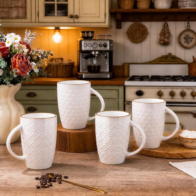 AmorArc Large Coffee Mugs Set of 4, 20oz Tall Coffee Mugs Set | with Texture Patterns for Cappuccino, Latte,Hot Cocoa, Dishwasher & Microwave Safe-Off White