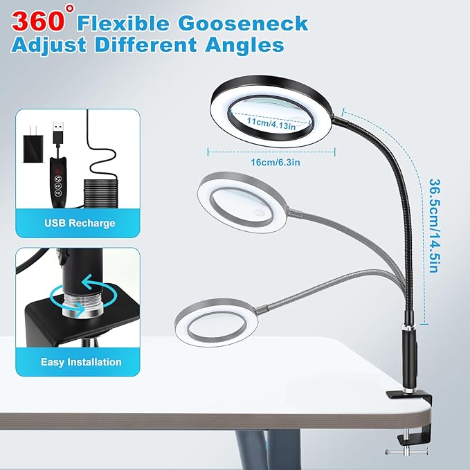 NZQXJXZ Large 30X10X Magnifying Glass with 72 LEDs Light Desk Magnifier with Clip 3 Color Modes and 10 Stepless Dimmable Desk Magnifying Lamp for Hobbies, Reading, Close Work, Jewelry