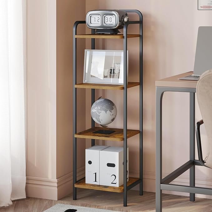 Bookcase Bookshelf, Narrow Book Shelf, Industrial Coner Shelf Storage Organizer, Slim Shelving Unit for Home Office, Living Room, Bedroom, Kitchen, 4-Tier Rustic Brown BC24401B