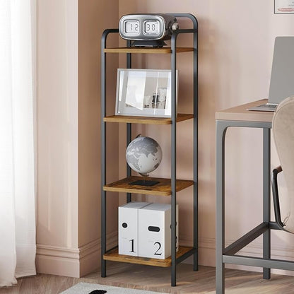 Bookcase Bookshelf, Narrow Book Shelf, Industrial Coner Shelf Storage Organizer, Slim Shelving Unit for Home Office, Living Room, Bedroom, Kitchen, 4-Tier Rustic Brown BC24401B