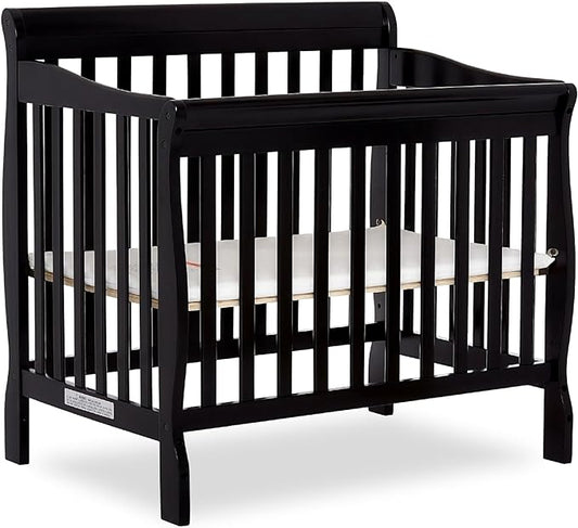 Aden 4-in-1 Convertible Mini Crib In Black, Greenguard Gold Certified, Non-Toxic Finish, New Zealand Pinewood, With 3 Mattress Height Settings