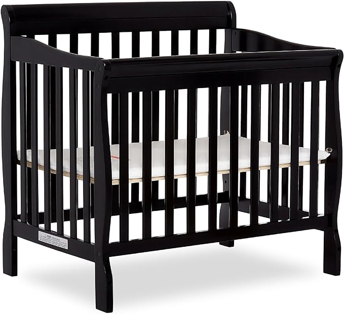 Aden 4-in-1 Convertible Mini Crib in Black, Greenguard Gold Certified, Non-Toxic Finish & Sunset 3” Extra Firm Fiber Crib Mattress, Greenguard Gold Certified