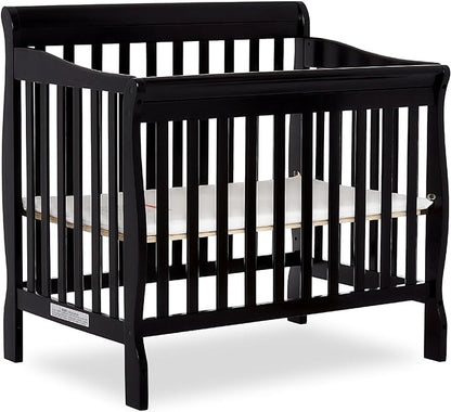 Aden 4-in-1 Convertible Mini Crib in Black, Greenguard Gold Certified, Non-Toxic Finish & Sunset 3” Extra Firm Fiber Crib Mattress, Greenguard Gold Certified