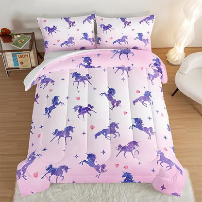 HOSIMA Kawaii Unicorn Comforter,Purple Unicorn with Stars and Love Heart Princess Toddler Bedding Set-Soft Microfiber Full Size Bed in a Bag,Fairycore Room Decor Pink Comforter with 2 Pillowcases.