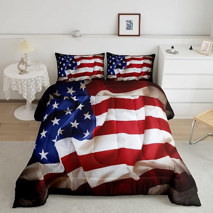 Erosebridal American Flag Comforter Set, United States Down Comforter Full Size for Kids Boys Teens, USA Federations Stars Bedding Set Geometric Stripes Quilted Duvet for Bedroom, Blue White and Red