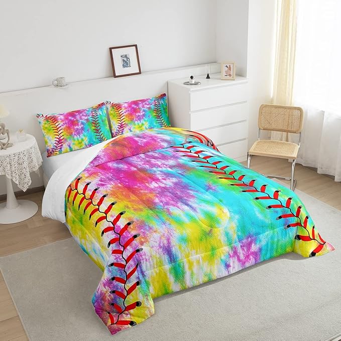 Kids Baseball Comforter Boys Girls Softball Sports Game Comforter Set Girly Colorful Tie Dye Bedding Set Teens Men Baseball Gaming Quilt Set Rainbow Room Decor Full Size for All Season 3Pcs
