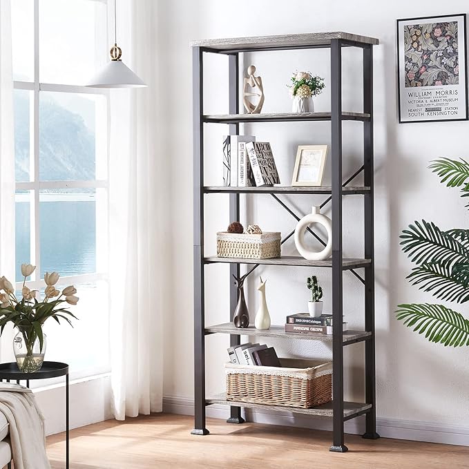 HOMBAZAAR Bookshelf, 6-Tier Vintage Industrial Book Shelf, Rustic Wood and Metal Bookcase and Bookshelves, Free Standing Storage Large Bookshelf for Living Room, Bedroom and Kitchen, Grey Oak