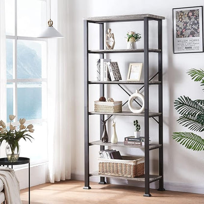 HOMBAZAAR Bookshelf, 6-Tier Vintage Industrial Book Shelf, Rustic Wood and Metal Bookcase and Bookshelves, Free Standing Storage Large Bookshelf for Living Room, Bedroom and Kitchen, Grey Oak