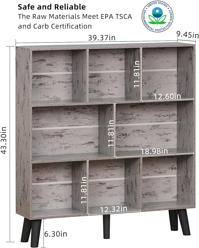LEYAOYAO 8 Cube Bookshelf,3 Tier Bookcase with Legs,Modern Grey Mid-Century Bookshelves,Large Farmhouse Open Storage Organizer Shelf, Retro Wooden Display Book Case for Bedroom,Living Room,Office