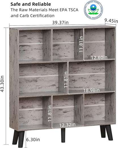 LEYAOYAO 8 Cube Bookshelf,3 Tier Bookcase with Legs,Modern Grey Mid-Century Bookshelves,Large Farmhouse Open Storage Organizer Shelf, Retro Wooden Display Book Case for Bedroom,Living Room,Office
