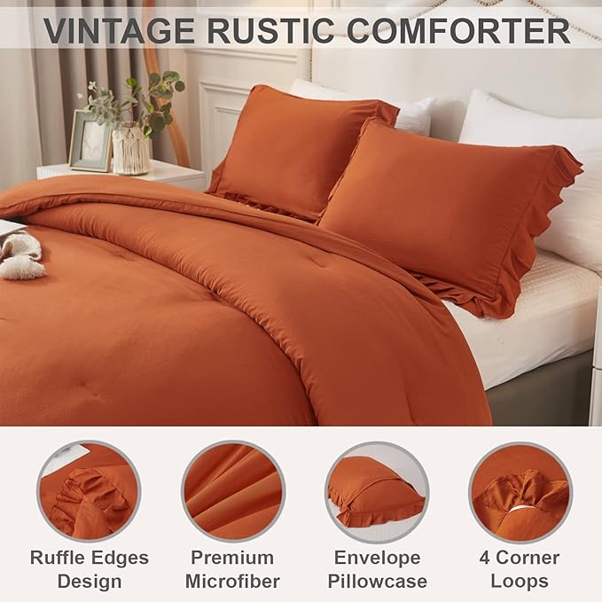 Andency Terracotta Ruffle Comforter King(104x90Inch), 3 Pieces(1 Ruffled Comforter and 2 Pillowcases) Solid Farmhouse Shabby Chic Comforter, Vintage Rustic Soft Microfiber Bedding Set