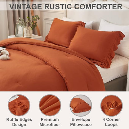 Andency Burnt Orange Twin Size Comforter Set, 2 Pieces Terracotta Ruffle Shabby Chic Bedding Comforters & Sets for Kids Grils, All Season Soft Lightweight Down Alternative Bed Blanket Set