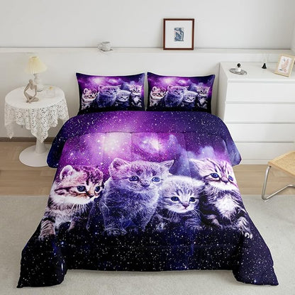 Cat Comforter Cute Pet Cats Pattern Bedding Set Outer Space Kawaii Kitten Comforter Set for Children Kids Boys Girls 3D Animal Theme Galaxy Duvet Set Room Decor Quilt Set Full Size